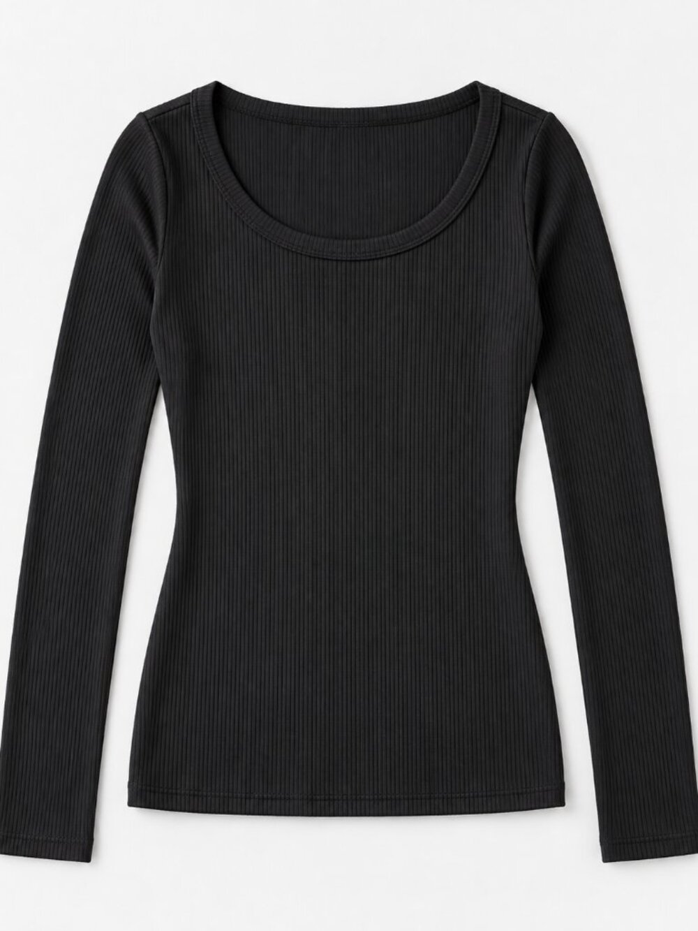 Black Ribbed Long Sleeve Fitted Top Size M Stretch Crew Neck